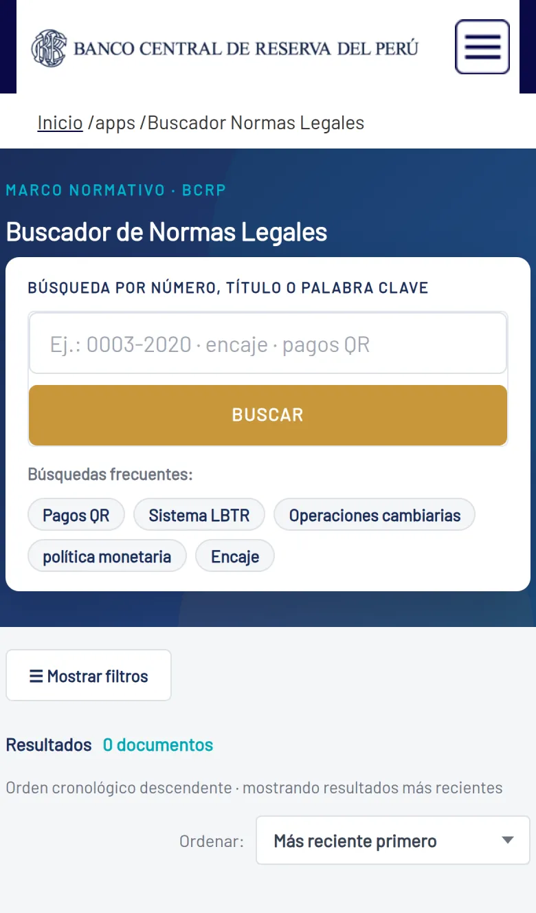 Buscador de Normas Legales del BCRP en móvil