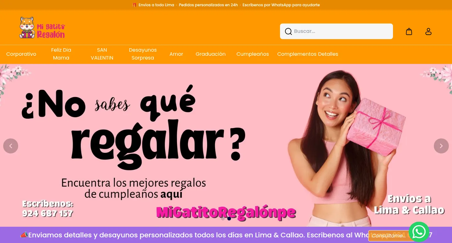 Portada de migatitoregalon.pe en escritorio: categorías de regalos y banner principal