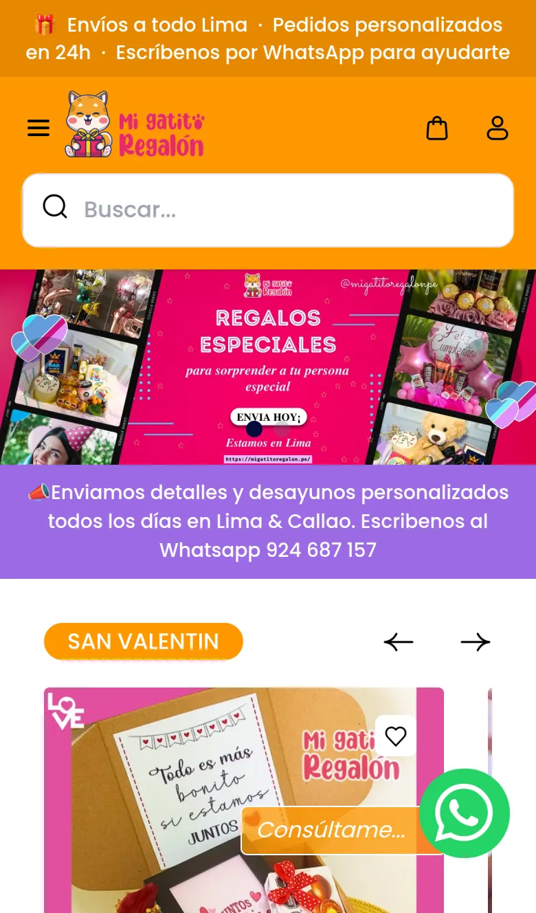 migatitoregalon.pe en móvil: buscador, banner y productos de San Valentín
